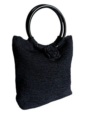 Vintage Black Crochet Flower Handbag O-Ring Handle StructuredBade Tote Boho